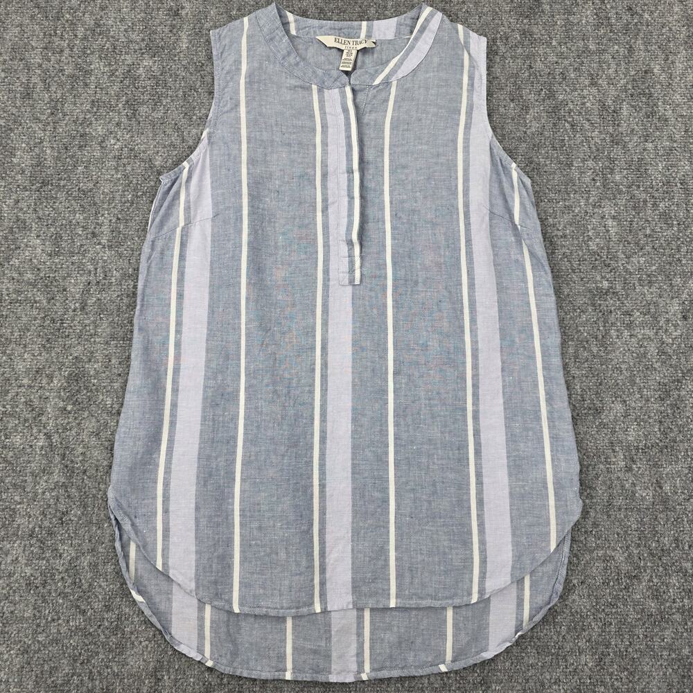Ellen Tracy Shirt Womens Small Blue Striped Linen Sleeveless Button Summer Top